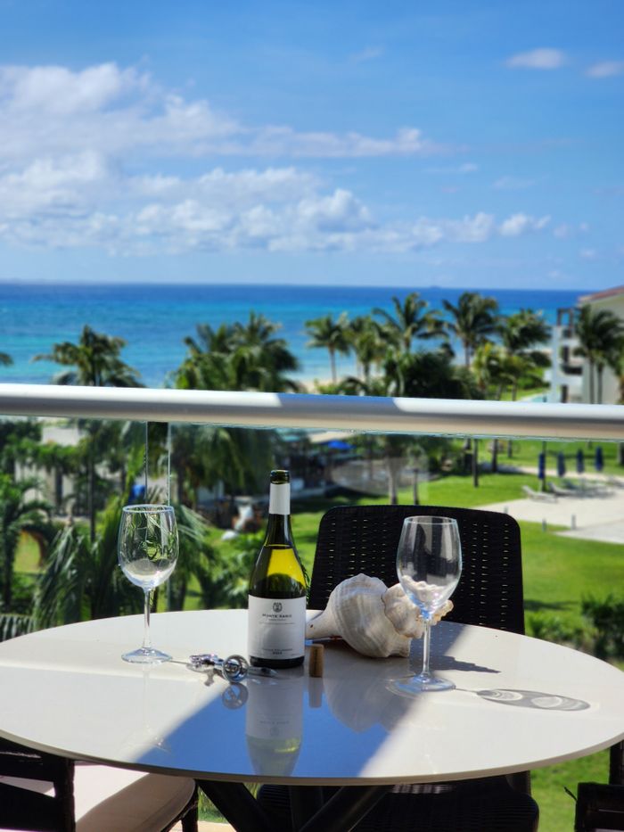 Relaxing tropical balcony view with wine and glasses overlooking a beach and ocean scene.